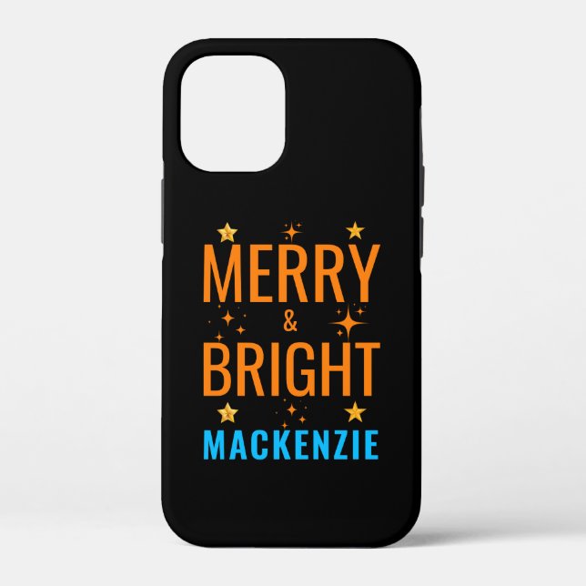 Merry & Bright Modern Christmas Custom Name Black Case-Mate iPhone Case (Back)