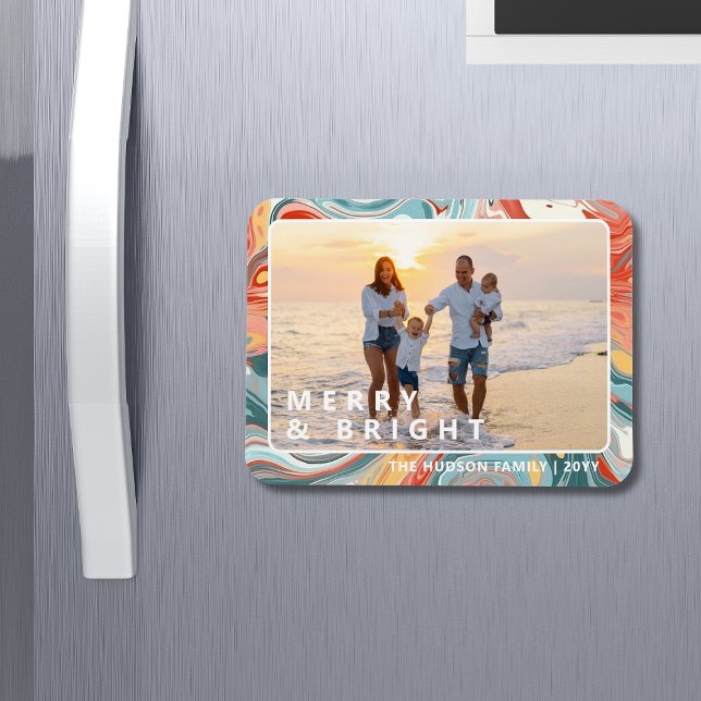 Merry & Bright Modern Liquid Marble Photo Holiday Magnet (Creator Uploaded)