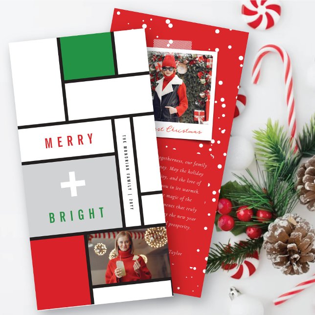 Merry & Bright Modern Mondrian Minimalist Photo Holiday Card (Creator Uploaded)