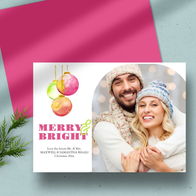 Merry & Bright Modern Photo Christmas Cards (photo Christmas card bright pink, orange and green. Merry and Bright. )