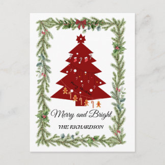 Merry & Bright Modern Red Christmas Tree & Script  Postcard
