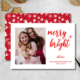 Merry Bright Modern Red Photo Christmas Holiday Card