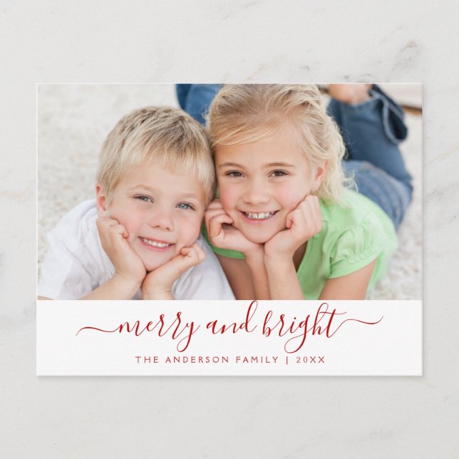Merry Bright Modern Script Christmas Photo Card (Front)