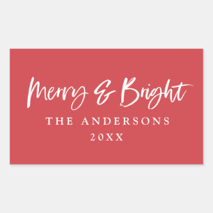 Merry & Bright modern script text christmas Rectangular Sticker