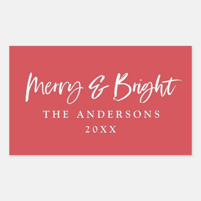 Merry & Bright modern script text christmas Rectangular Sticker (Front)