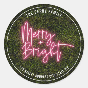 Merry + Bright Neon Sign Boxwood Christmas Address Classic Round Sticker