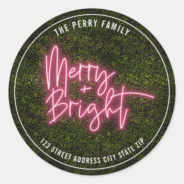 Merry + Bright Neon Sign Boxwood Christmas Address Classic Round Sticker (Front)