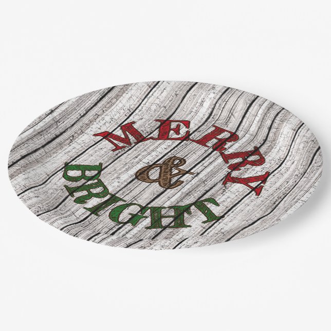 Merry & Bright On Weathered Wooden Planks Pattern Paper Plate (Angled)
