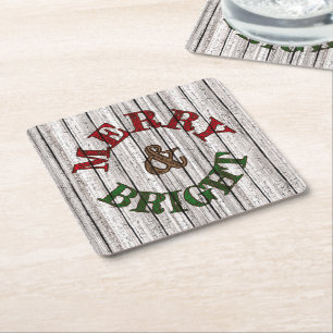 Merry & Bright On Weathered Wooden Planks Pattern Square Paper Coaster