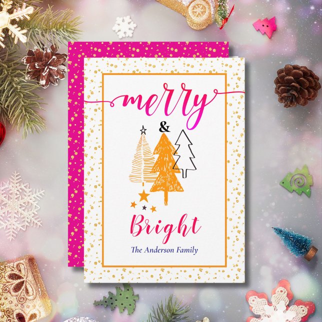 Merry & Bright Orange Cerise Pink Christmas Holiday Card (Creator Uploaded)
