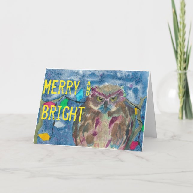 Merry & Bright Owl Holiday Card (Front)