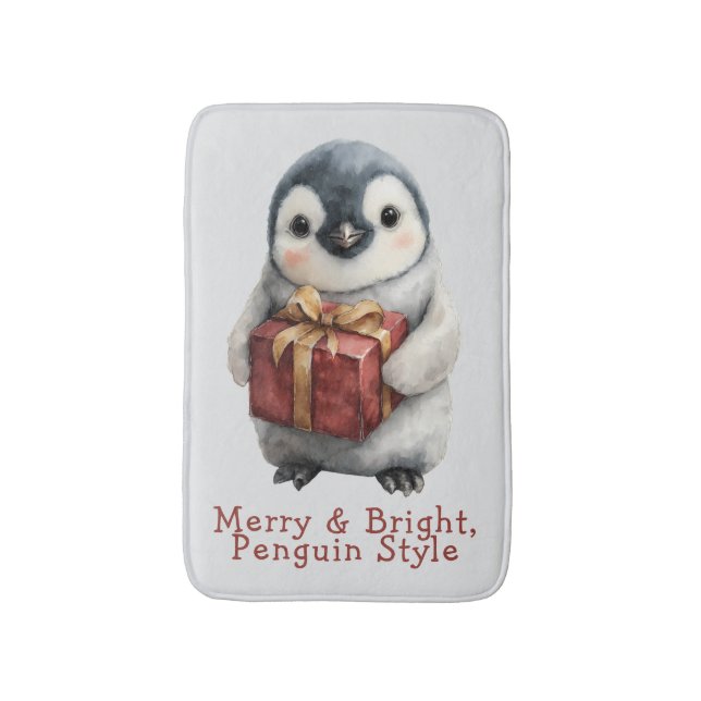 Merry & Bright Penguin Christmas Bath Mat (Front Vertical)