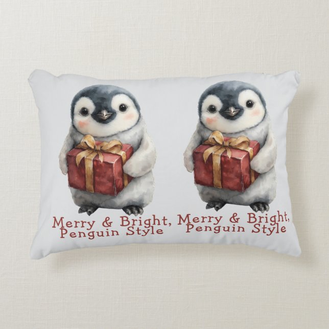 Merry & Bright Penguin Christmas Decorative Cushion (Front)