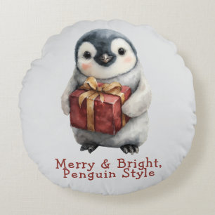 Merry & Bright Penguin Christmas Round Cushion
