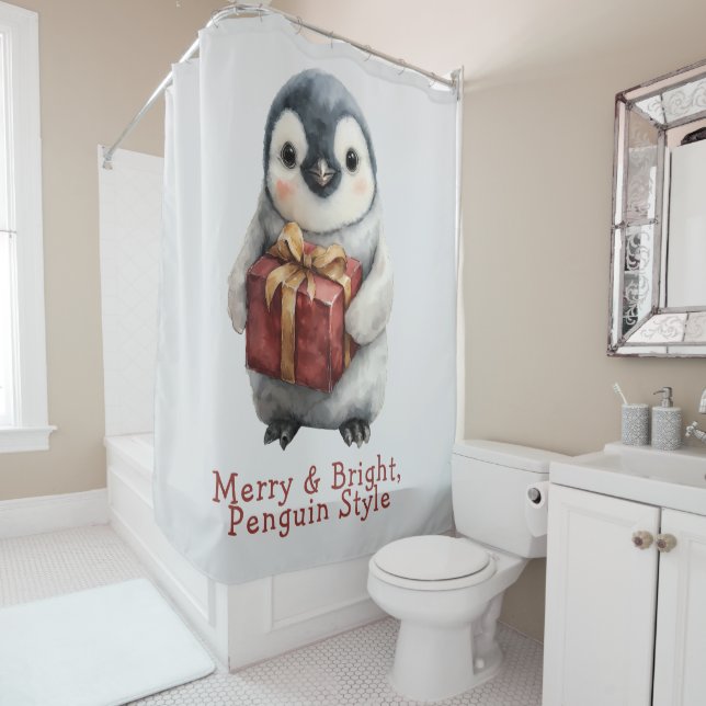 Merry & Bright Penguin Christmas Shower Curtain (In Situ)