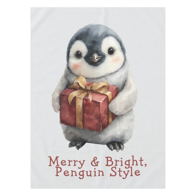 Merry & Bright Penguin Christmas Tablecloth (Front)