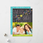 Merry & Bright Photo Christmas Card - Vertical<br><div class="desc">Merry & Bright Photo Christmas Card with a Chalkboard Background - Vertical
Bright,  vivid fun colours on this Christmas Card with a string of vintage lights.</div>