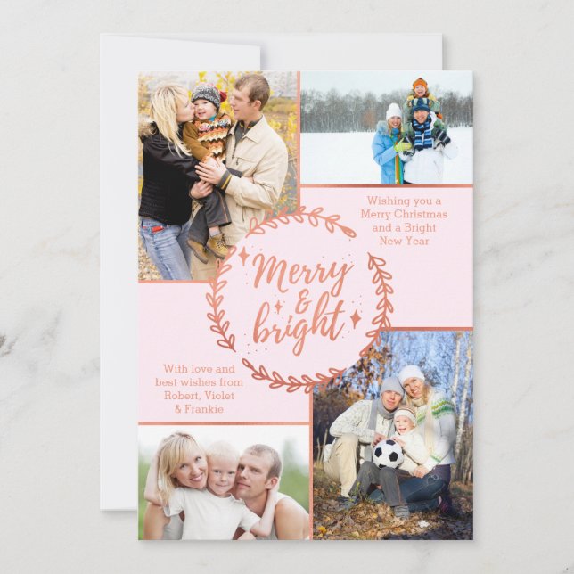 Merry & Bright Photo Collage Rose Gold Christmas Holiday Card (Front)