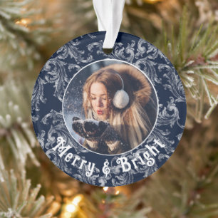 Merry & Bright Photo Personalised Blue Vintage Ornament