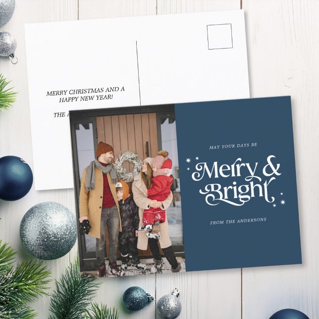 Merry & Bright  Photo Typography Christmas Holiday Postcard (Mock up View)