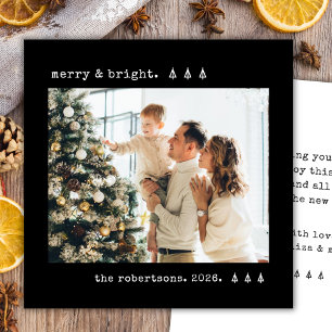 Merry & Bright Pine Tree Typewriter Photo Black Holiday Card