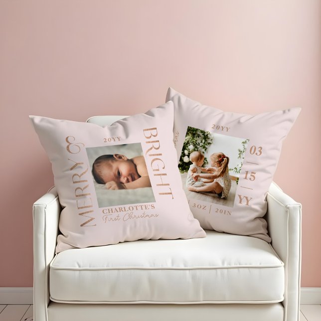 Merry & Bright Pink Baby First Christmas Photos Cushion (Merry & Bright Pink Baby First Christmas Photos Throw Pillow)