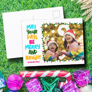 Merry Bright Pink Blue Christmas Lights Photo Holiday Postcard