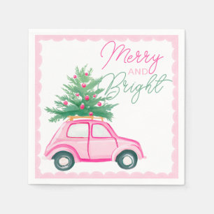 Merry & Bright Pink Christmas Car Christmas Tree Napkin