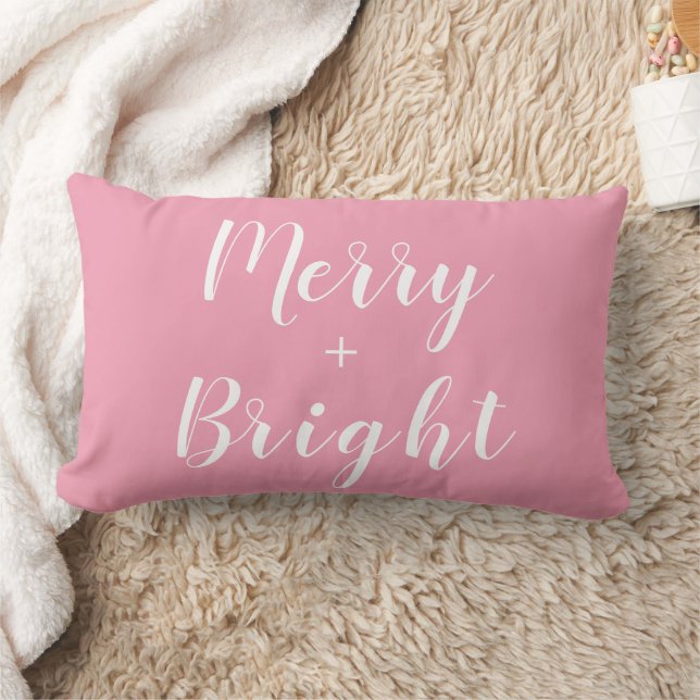 Merry + Bright Pink Christmas Throw Pillow (Blanket)