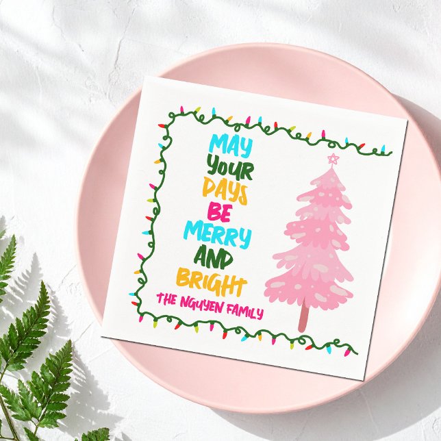 Merry Bright Pink Christmas Tree Custom Party Napkin (Creator Uploaded)