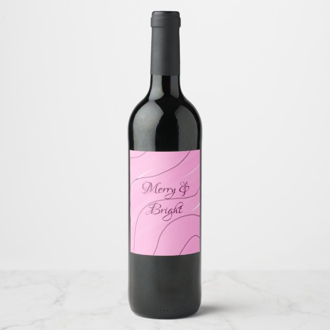 Merry & Bright pink curly doodle design girly mode Wine Label (Front)