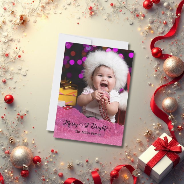 Merry & Bright Pink Glitter Christmas Photo  Holiday Card (Creator Uploaded)