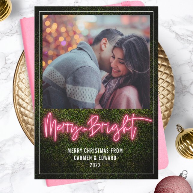 Merry + Bright Pink Neon Boxwood Christmas Photo Holiday Card (Creator Uploaded)