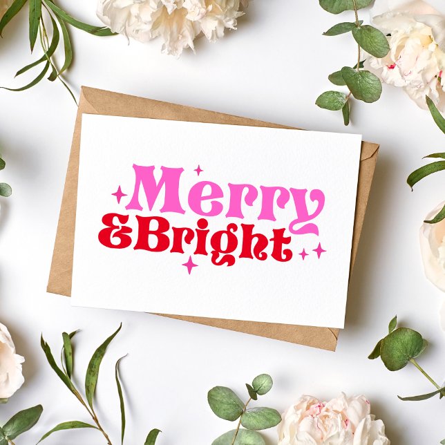 Merry & Bright Pink & Red Colourful Blank Christma Card (Merry & Bright Pink and Red Holiday Card Colorful Christmas Card)