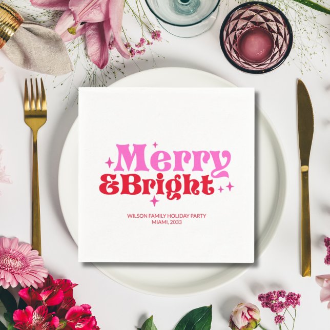 Merry & Bright Pink & Red Custom Christmas Napkin (Merry & Bright Pink & Red Custom Christmas Napkins)