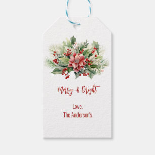 Merry Bright Poinsettia Berries Christmas Holiday Gift Tags