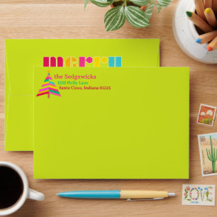 merry Bright Rainbow Stripes Christmas Tree Green Envelope