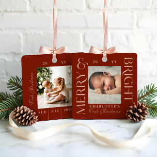 Merry & Bright Red Baby First Christmas Photos Metal Tree Decoration