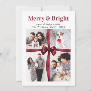 Merry & Bright Red Bow 4 Photo Collage Holiday Card