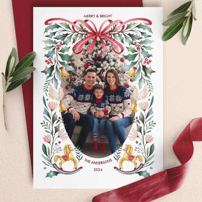 Merry & Bright Red Bow Floral Christmas Photo Holiday Card (Creator Uploaded)
