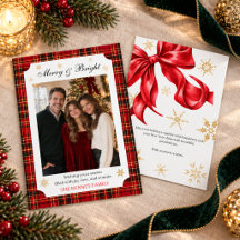 Merry & Bright Red Bow Plaid Photo Christmas