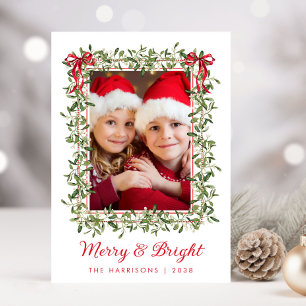 Merry Bright Red Bows Greenery Christmas Photo Holiday Card
