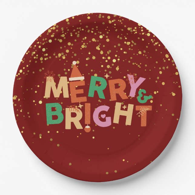 Merry & Bright Red Christmas Party Paper Plate (Front)