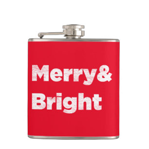 Merry& Bright Red Christmas Text Hip Flask