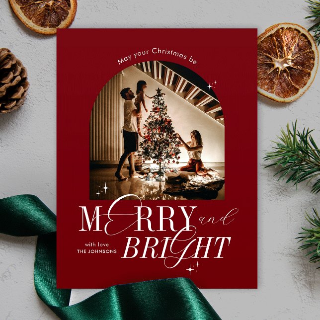 Merry & Bright Red Elegant Script Christmas Photo Holiday Card (Elegant Merry & Bright photo greeting card design with calligraphy fonts and arch photo frame)