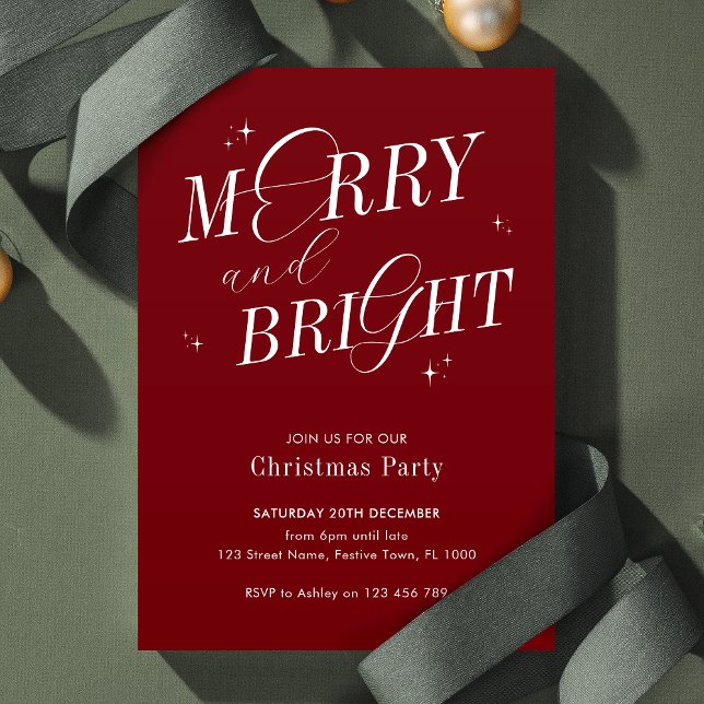 Merry & Bright Red Elegant Script Modern Christmas Invitation (Elegant Christmas party invitation in red and white with modern calligraphy and white sparkles)