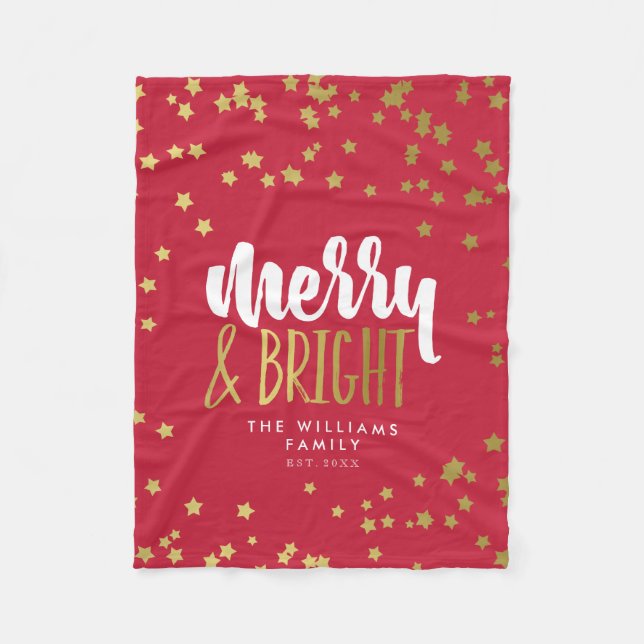 Merry & Bright | Red | Faux Gold Stars Family Name Fleece Blanket (Front)