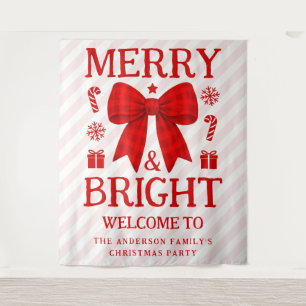 Merry & Bright Red Gingham Bow Christmas Backdrop Tapestry