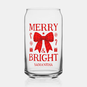 Merry & Bright Red Gingham Bow Christmas Can Glass