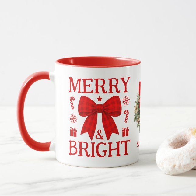 Merry & Bright Red Gingham Bow Christmas Coffee Mug (With Donut)